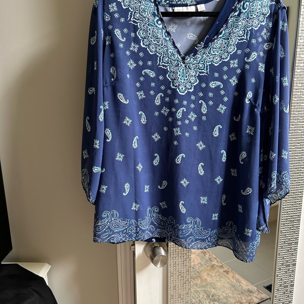 Belle by Kim Gravel Navy Paisley V-Neck Blouse